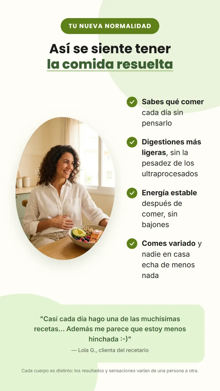 TU NUEVA NORMALIDAD. Así se siente tener la comida resuelta. Sabes qué comer cada día sin pensarlo. Digestiones más ligeras, sin la pesadez de los ultraprocesados. Energía estable después de comer, sin bajones. Comes variado y nadie en casa echa de menos nada. "Casi cada día hago una de las muchísimas recetas... Además me parece que estoy menos hinchada :-)" — Lola G., clienta del recetario. Cada cuerpo es distinto: los resultados y sensaciones varían de una persona a otra.